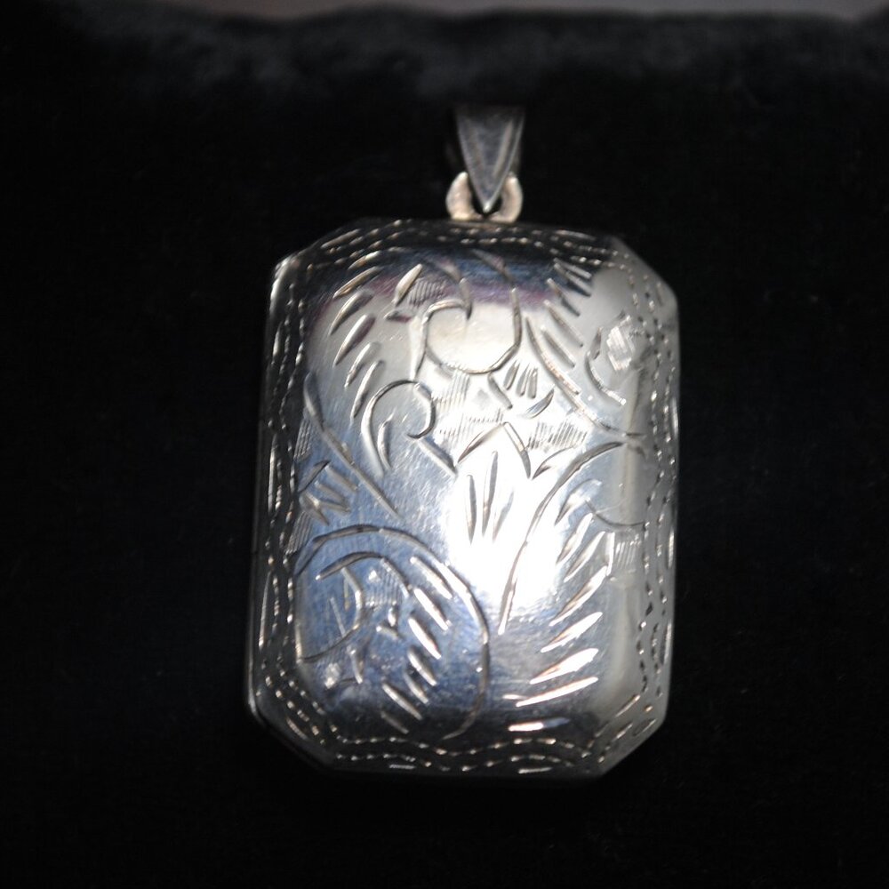 Vintage Sterling Engraved Rectangular Locket Pend… - image 1
